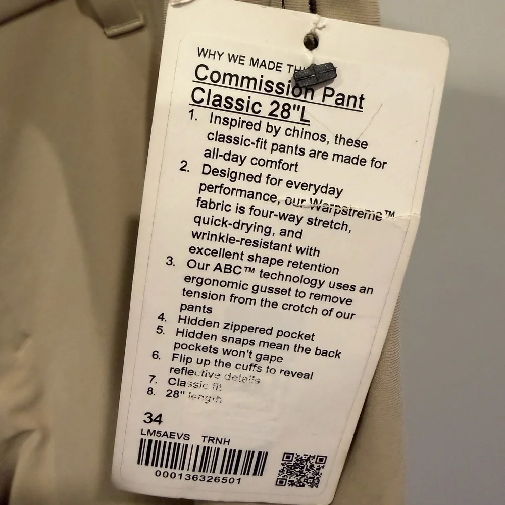 NWT Lululemon  Athletica Men's Commission Pant Classic 28’ LL Size 34